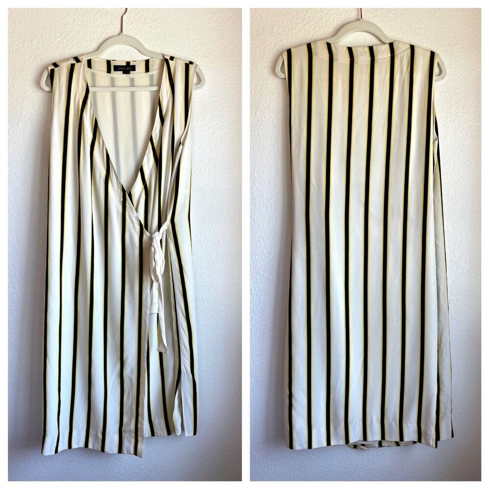 Jaeger London Womens Sleeveless Striped Wrap Dress in Cream Black Yellow Size 10